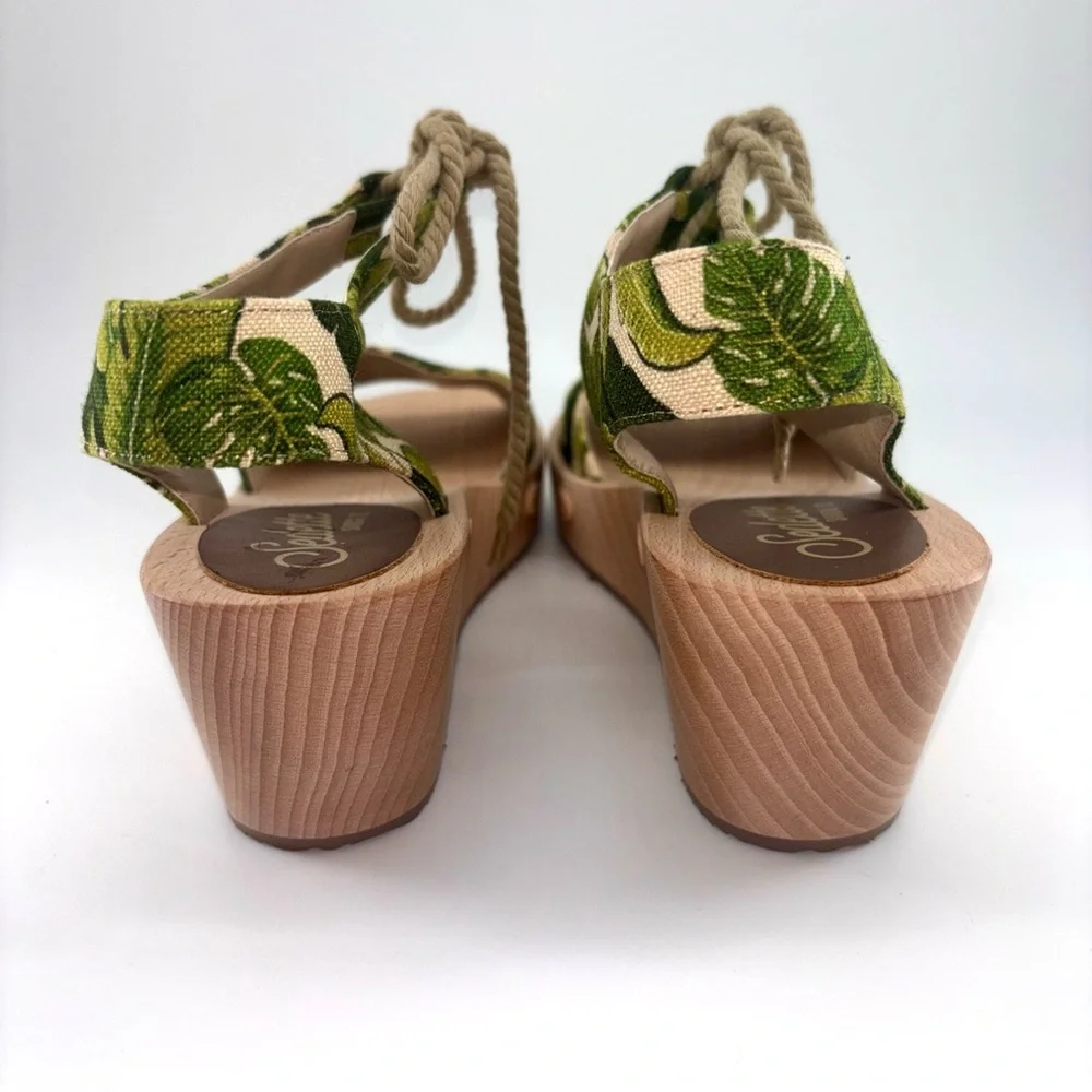 Sedette Tropical Print Platform Ethical Vegan Wood Sandals with Rope Tie Sz 8.5